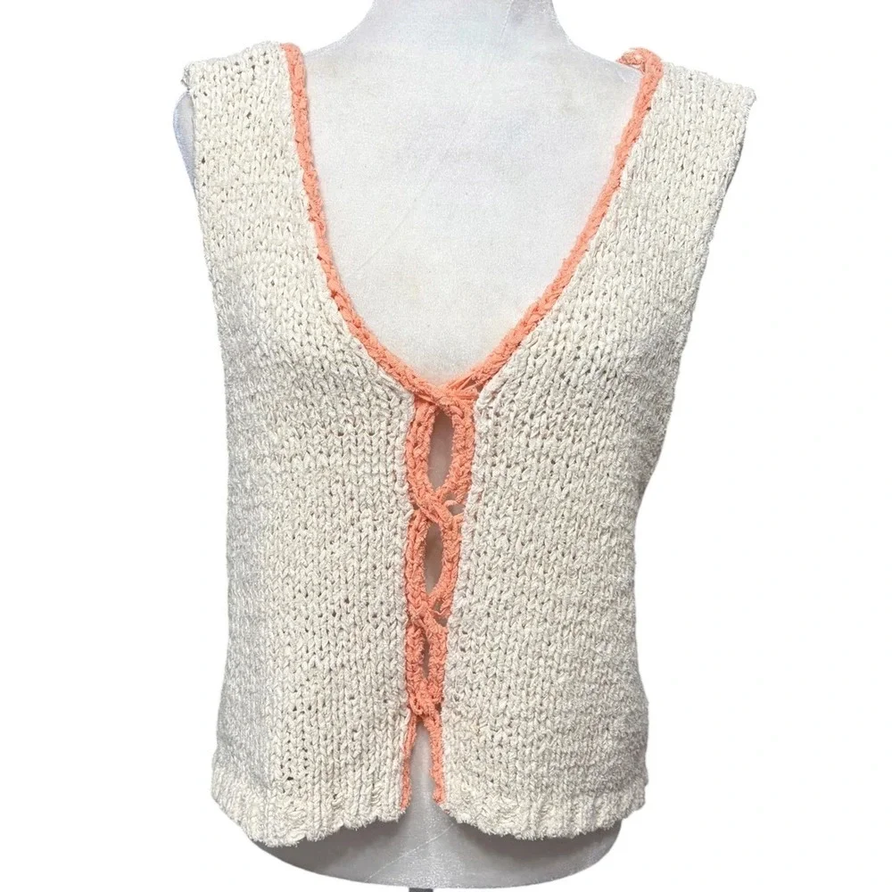Free People Cream Coral Knit Vest Excellent Crochet Lace Up Women's Size Large L